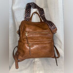 Jen & Co Vegan Brown Leather Backpack with Guitar Strap
